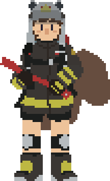 a pixelart animation of shaw, a firefighter squirrel from the game arknights, standing neutrally and blinking with a fireaxe in her hand