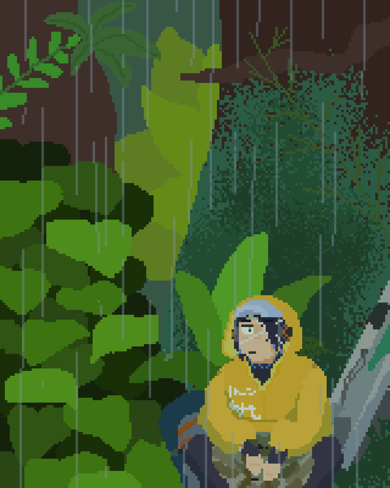 a pixelart gif of asbestos with her raincoats hood up, and her headphones on. shes crouched down, yawning and trying to keep out of the rain. she is surrounded by foliage and forest. this gif is also the header for this site.