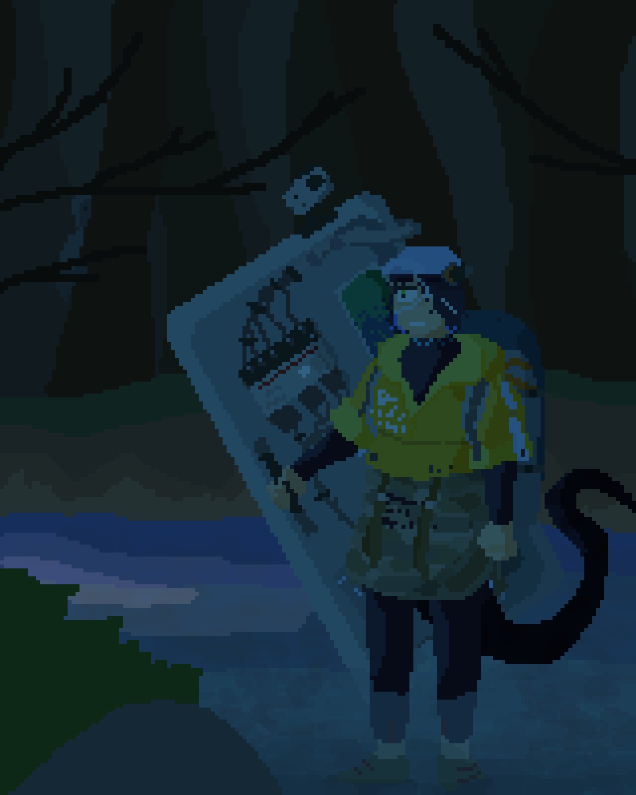  a pixelart gif asbestos stands in a river with her door-shield, shifting it to get a better grip. its dark. there are some masked individuals hidden out in the darkness.