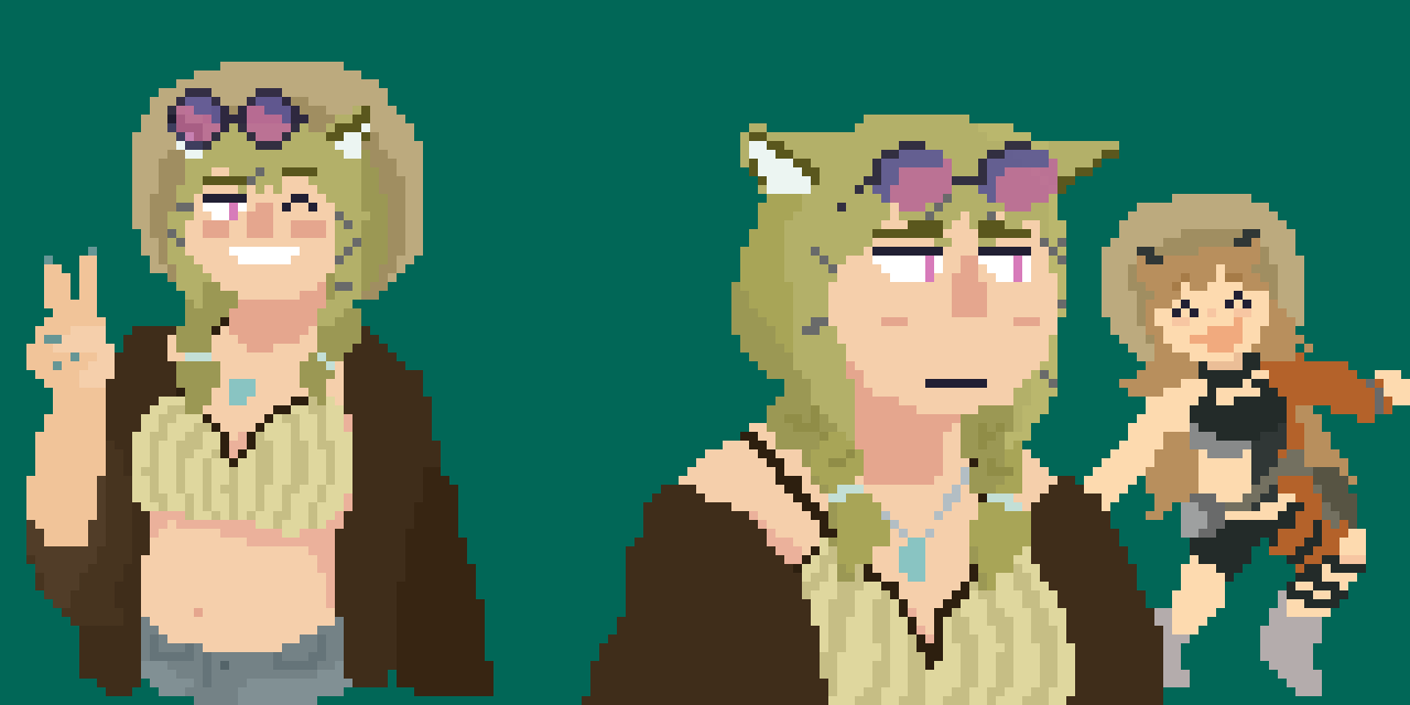 a link to my OC art page that displays pixelart gif of Utage in her summer skin holding up a peace sign with her hand, along with another of her looking tired as Ceobe looks goofy in the background