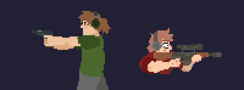 a link to my OC art page that displays pixelart animation of my two OCs shooting guns in profile.