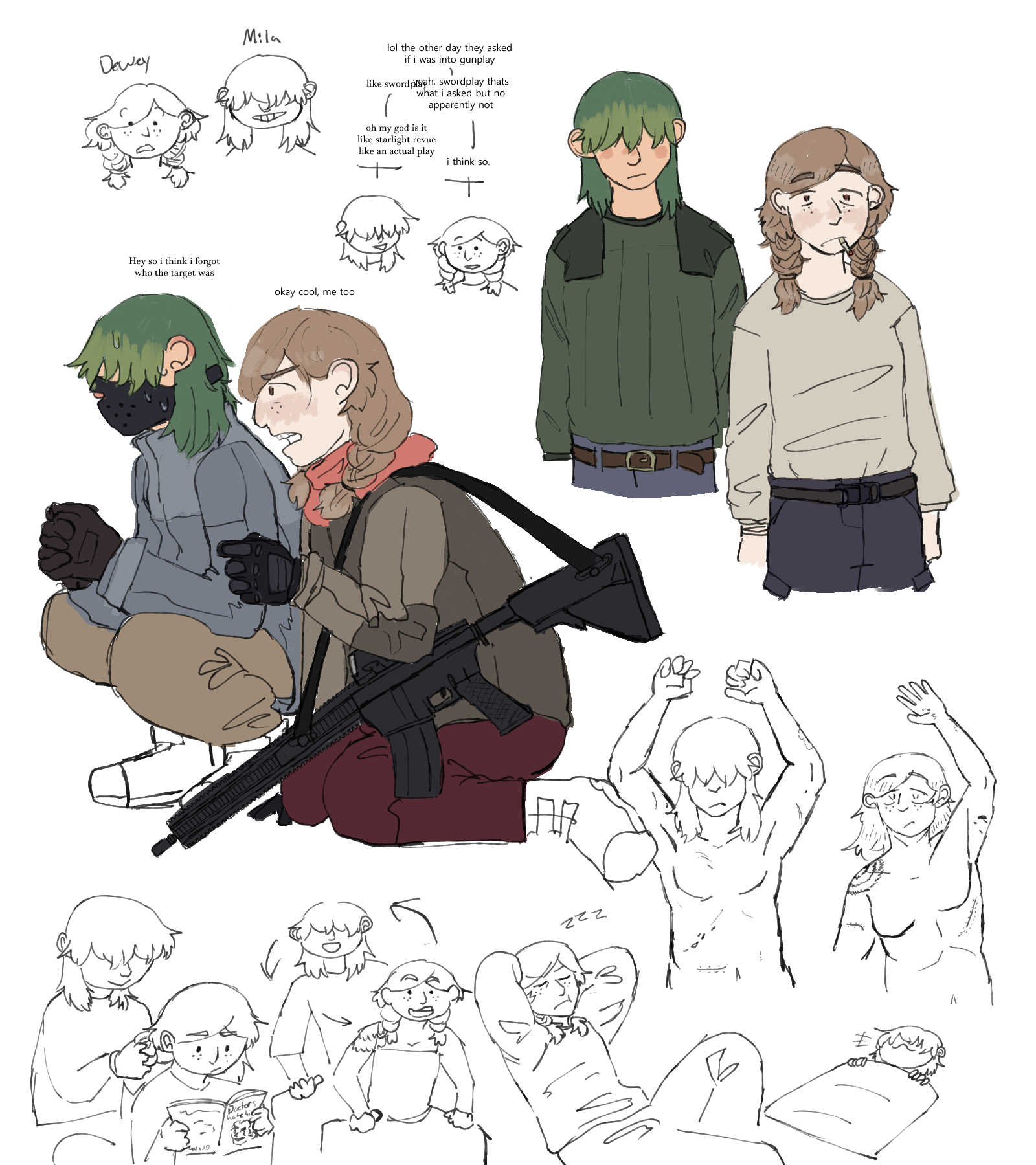 digital art of two characters. it a collection of drawings of them. the first is a green haired, slightly taller woman named Mila. She tends to wear a thick military-style sweater. You can't see her eyes from behind her lime tinged bangs. The other woman is named Dewey and has her brown hair in two sloppy braids. she wears a stretched out tan long-sleeve shirt. more description will be added later - i draw in large doodle batches.