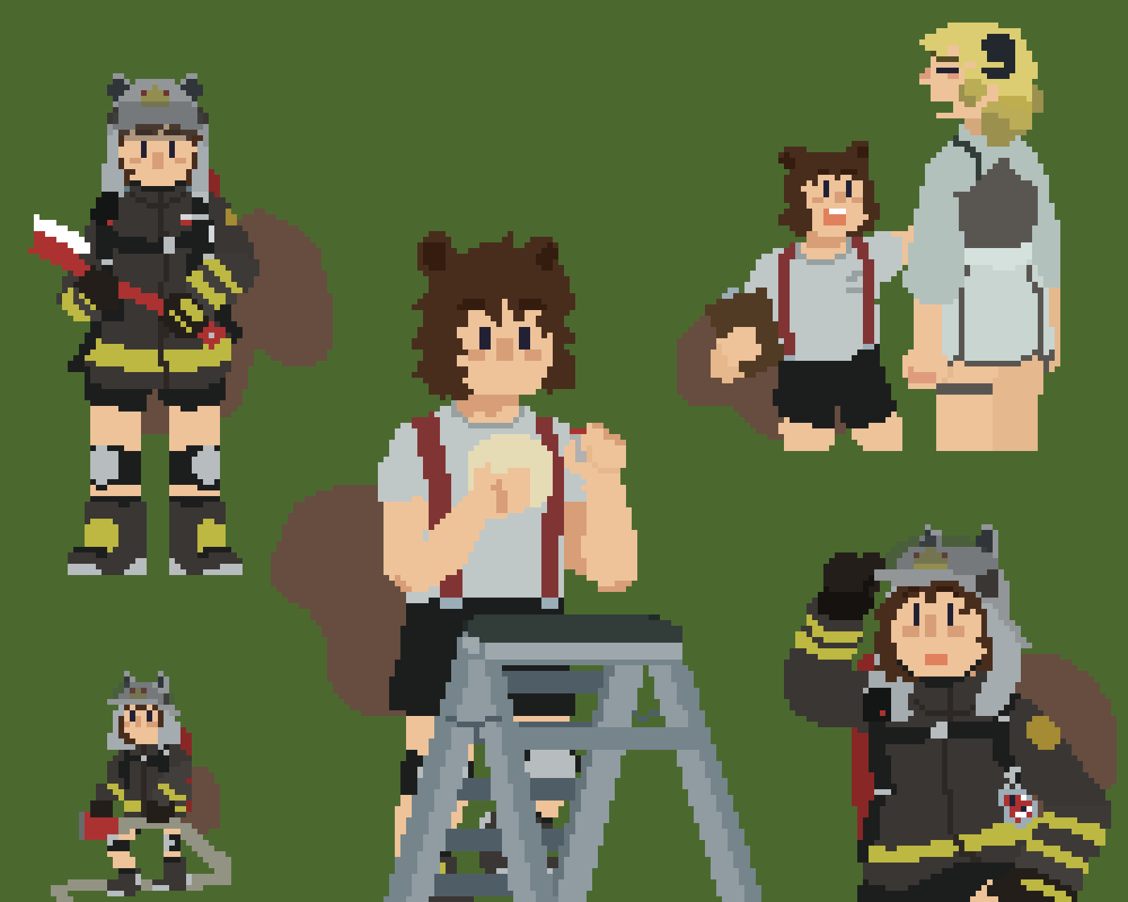 a collection of pixel art animations featuring shaw. they depict her standing with a fire axe, blinking; putting batteries in a fire detector; holding a dripping fire hose; adjusting her helmet while sweating a bit; and instructing an annoyed ifrit on fire safety.